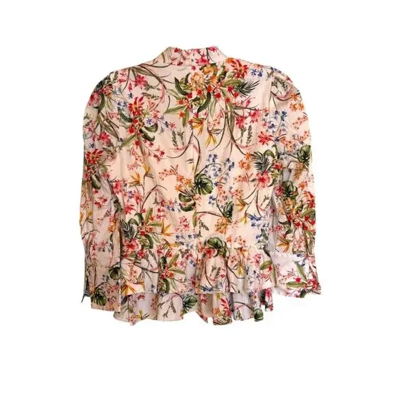 Hellessy Fitted Tie Front Floral Blouse with Ruffled Peplum Plunging V Neck s 2 - Picture 4 of 16